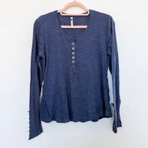 Y2K Womens Henley Size L Blue Lace Cuff Long Sleeve Granola Boho‎ Minimalist